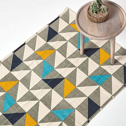 Image of HOMESCAPES Geometric Printed Rug 'Copenhagen' 100% Cotton Blue, Yellow, Grey & White Rug, 120 x 170 cm