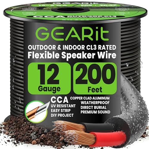 Image of GEARit 2x4mm² Speaker Cable, CL3 In-Wall Rated CCA Speaker Wire, 12AWG 2 Core Audio Cable for Home Cinema, Outdoor Direct Burial, Garden Speakers and Car Stereo- 60.96m/200ft, Black