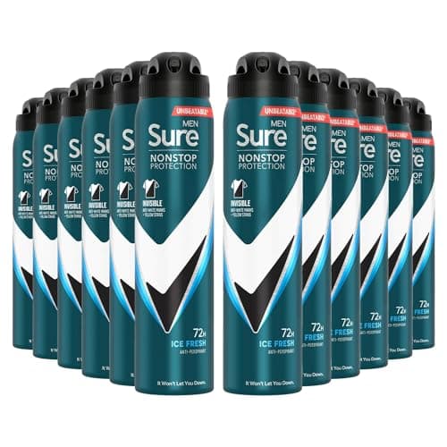 Image of Sure Antiperspirant 72H Nonstop Sweat and Odour Protection Alcohol-Free Body Spray Anti-White Marks with Fresh and Sporty Scent Multi Fragrance Deodorant for Men, 250ml (Invisible Ice Fresh, Buy 12)