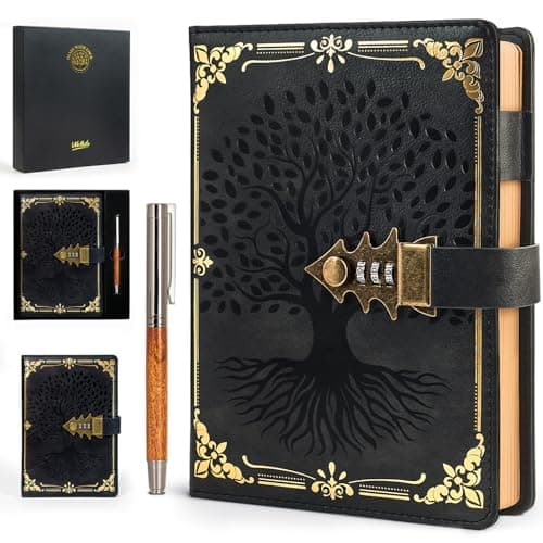Image of WEMATE Lock Journal with Pen & Gift Box, A5 260 Pages, Refillable, Hardcover Leather Password Notebook for Writing,Vintage Lock Diary for Women, Girls, Men, Students, 8.6 x 5.8 in, Black