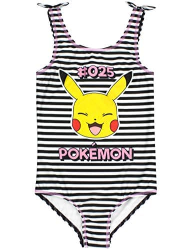 Image of Pokemon Pikachu Swimsuit for Girls | Black & White Kid's Pikachu Swimming Costume | Children's Swimwear Suit with Bow Straps | Gamer Gift