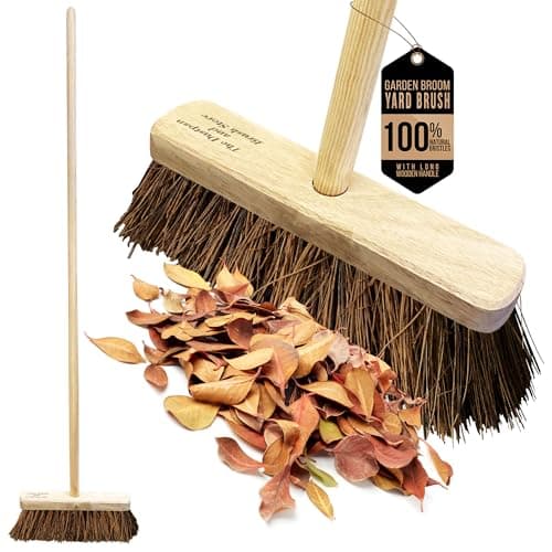 Image of 10” Garden Broom Outdoor with Wooden Handle Natural Stiff Bassine Hard Bristle Broom Yard Brush Heavy Duty Outdoor Stiff Sweeping Yard Brush