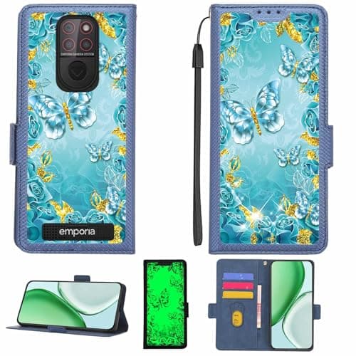 Image of Kinetijy Case Compatible for Emporia Smart 5 Mini Phone Case Flip Cover [with Tempered Glass Screen Protector][RFID Blocking][Gold Glitter+Luminous] LPT-YHD