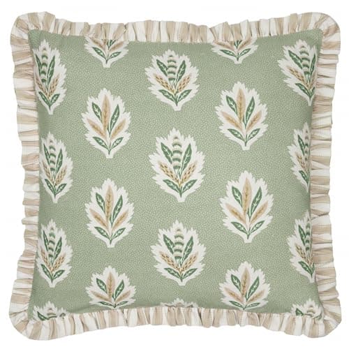 Image of Sanderson Sessile Leaf Feather Filled Cushion – Botanical Oak Leaf Decorative Pillow with Striped Reverse and Ruffled Trim (Sage - 50x50cm)