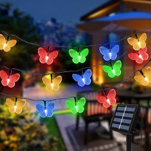 Image of Fohil Solar String Lights Outdoor Garden, 5M 20 LED Solar Butterfly Lights, 8 Modes Solar Powered Fairy Lights, Solar Decorative Lights for Garden Balcony Fence Party Wedding Tree Christmas