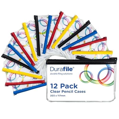 Image of Durafile Pencil Case Clear, Pack of 12 Pencil Cases for Children Girls Boys - Assorted Colour Zips Small Transparent Pencil Case for Exams, Stationery or Make up Size 203 x 117mm