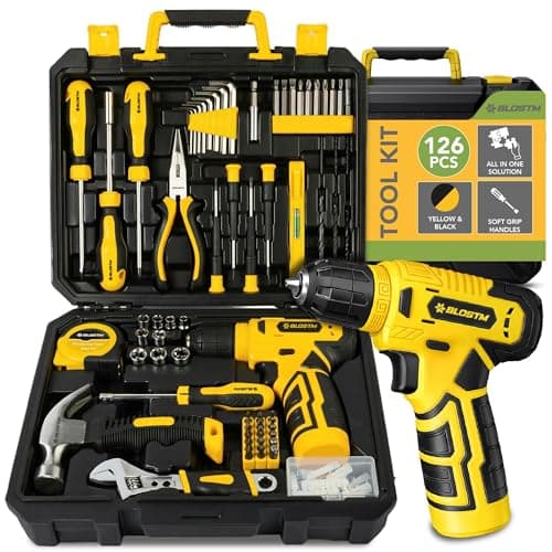 Image of BLOSTM 126 Piece Tool Kit with Drill - Home Tool Set with 8V Cordless Drill & Essential Hand Tools for DIY, Household Repairs - Portable Plastic Tool Box, Screwdrivers, Bits, Pliers & More (Yellow)