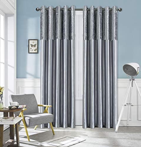 Image of ROOEE Crushed Velvet Faux Silk Curtains - Eyelet Ring Top and Fully Lined (Silver, 46" Wide x 54" Drop)