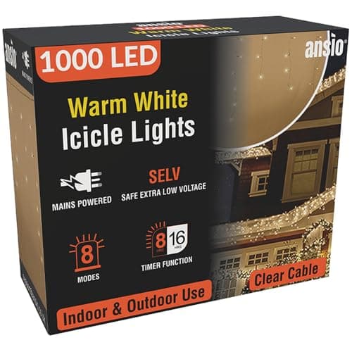 Image of ANSIO® Outdoor Christmas Lights 1000 LED 35m/112ft Icicle Lights Outdoor & Indoor Warm White Decorations String Fairy Outside Lights with Timer for Xmas Garden & Party | Mains Powered Clear Cable