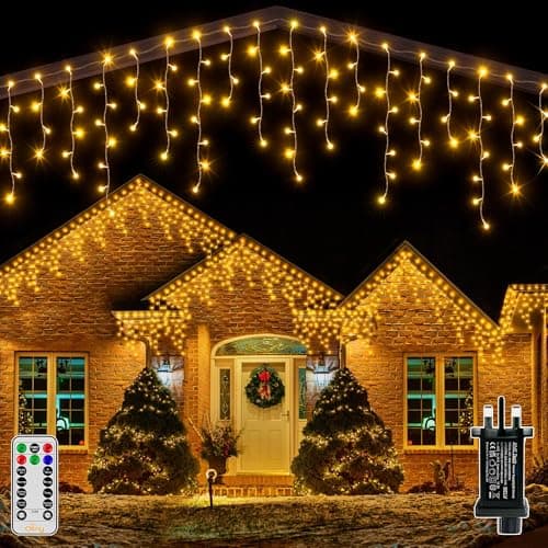 Image of Ollny Icicle Outdoor Christmas Lights, 10M 400 LED Waterproof Hanging Fairy Light, Plug/Remote/8 Modes/Timer/Connectable Warm White String Light, Lighting Outside Gutter House Roof Xmas Decorations