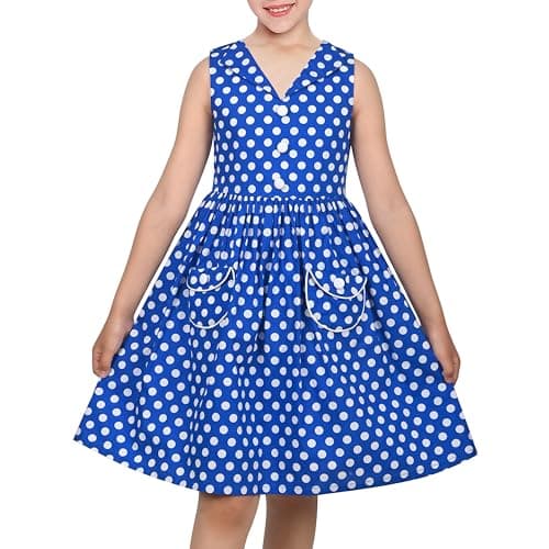 Image of Sunny Fashion Girls Dress Cotton Blue Polka Dot Pocket V Neck Button Vintage Casual School Sundress Age 6 Years