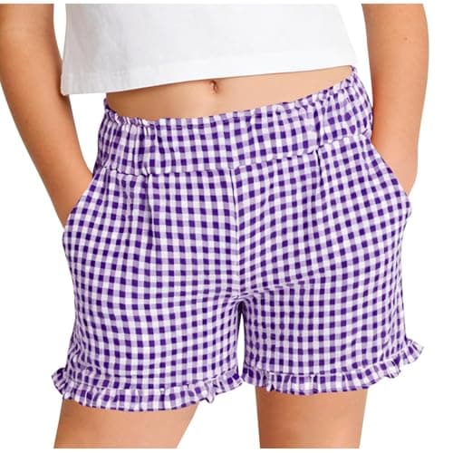 Image of Girls Shorts Gingham Ruffle Boxer Shorts, Kids Casual Lounge Striped Beach Bottoms Athletic Dolphin High Waisted Running Short Pants Casual Stretchy Summer Wear Purple 5-6 Years