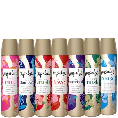 Image of Impulse Body Spray for Women – 7 x 75ml Variety Pack Full Fragrance Set Featuring Very Pink, Hint of Musk, True Love, Be Surprised, Tease, Instant Crush, Into Glamour – Long-Lasting, Portable & Gentle