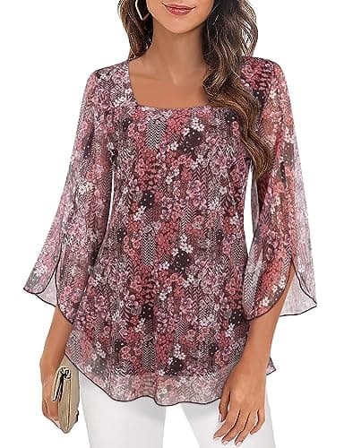 Image of Syphiby Women's Khaki Floral Purple Floral Grey 3/4 Sleeve Square Neck Ruffle Chiffon Tunic Blouse