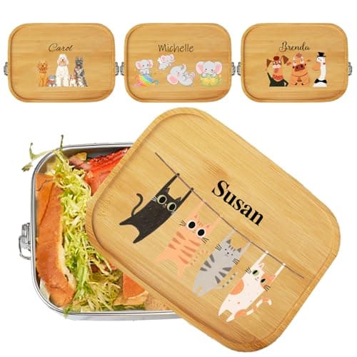 Image of JJ GRADGOWN Personalised Stainless Steel Lunch Box with Bamboo Lid, Custom Name & Animal Design, 1200ml 1-3 Tiers, Eco-Friendly Reusable, Ideal for Kids, School & Picnics (Style 2)