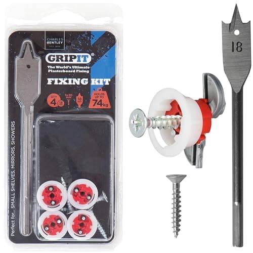 Image of Gripit Red Shelf Kit - Pack of 4 - Heavy Duty Plasterboard Fixings for Drywall & Stud Walls, Holds Up to 74kg - Ideal for Shelves, Mirrors, Speakers & Shower Units - Easy Install & UK Designed