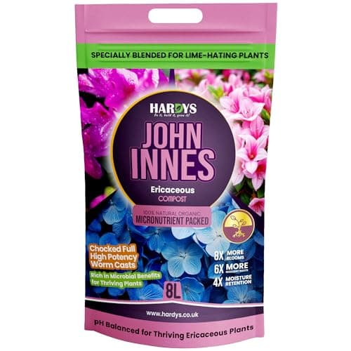 Image of Hardys John Innes Ericaceous Compost 8L - Organic Houseplant Potting Mix & Soil for Outdoor Plants - Worm Cast Acidic Soil Mix for Azaleas, Rhododendrons, Camellias, Blueberries