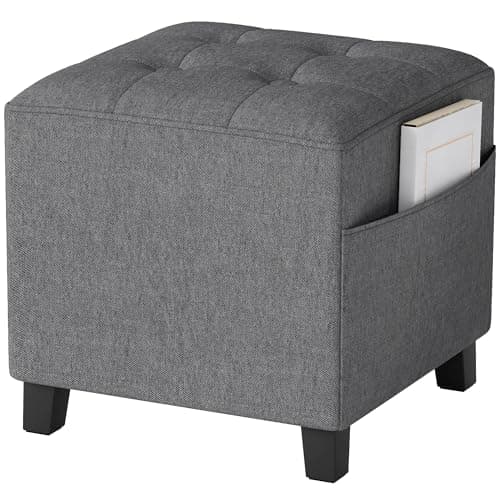 Image of HOMCOM Square Footstool, Small Ottoman with Side Pocket, Linen Fabric Footrest Foot Stool with Rubber Wood Legs and Padded Seat for Living Room, Bedroom, Entryway, 35 x 35 x 35cm, Grey