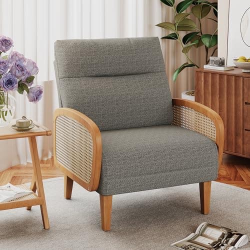 Image of Andeworld Accent Chair,Upholstered Modern Living Room Chairs with Natural Rattan Arm, Linen Fabric Arm Chair with Wooden Legs for Bedroom Club Balcony Reception, Taupe
