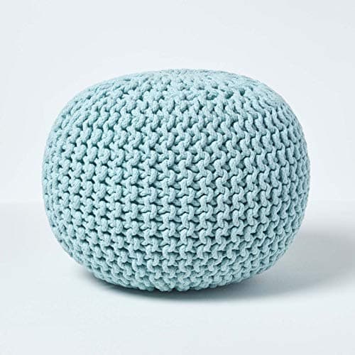 Image of HOMESCAPES Pastel Blue Knitted Pouffe Footstool Bean Filled 100% Cotton for Living Room Children or the Elderly