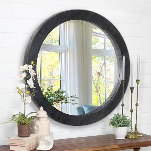 Image of JJUUYOU Rustic Circle Wall Mirror 50CM for Home Decor Black Round Mirror for Bathroom Farmhouse Wall decor Wood Frame Mirrors for Living Room Bedroom Washroom Dorm