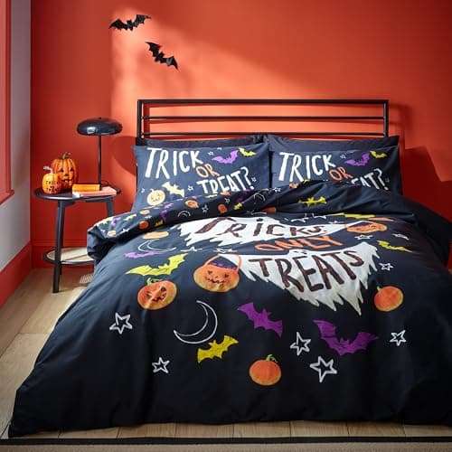Image of Catherine Lansfield Halloween Trick or Treat Reversible Single Duvet Cover Set with Pillowcase Black