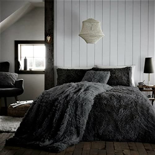 Image of Luxury Super Soft HUG & SNUG Long Pile Fleece Fluffy Fur Duvet/Quilt Cover Bedding Set With Matching Pillow Cover (Single, Charcoal)