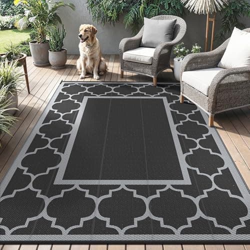 Image of GENIMO Outdoor Rug 150x250cm – Reversible Waterproof Plastic Garden Carpet, Washable Large Patio Rug for Camping, Deck, Picnic, RV & Camper – Black & Grey