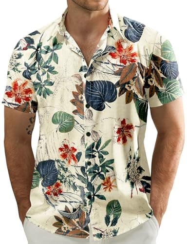 Image of JOGAL Mens Flowers Casual Aloha Hawaiian Shirt Large A334 White