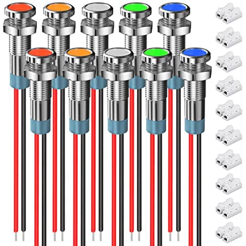 Image of HAAMNING7 10 Pcs 6mm 12-24V LED Indicator Light 5 Color(Green/Yellow/Red/Blue/White) Waterproof Metal Flat Head Panel Mount Signal Indicator Dash Light for Electronic Project with Connector