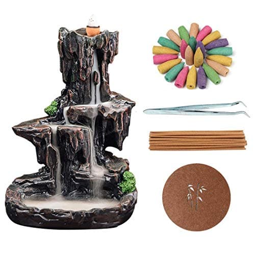 Image of XUDREZ Waterfall Mountain Backflow Incense Holder Resin Incense Burner Incense Cones Holder Home Decor Gifts with 120pc Cones
