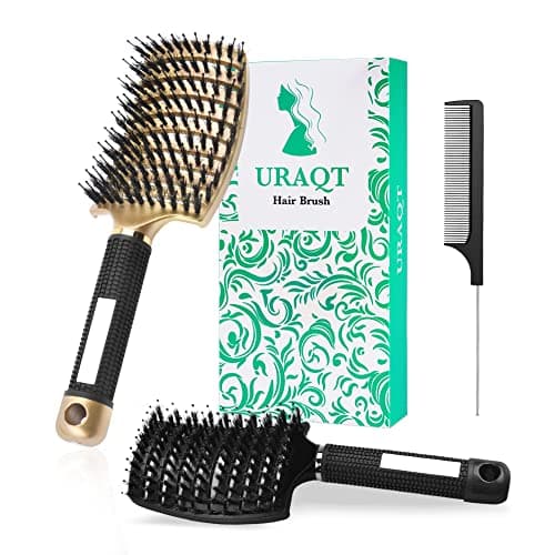 Image of URAQT Hair Brush, 2 Pcs Boar Bristle Paddle Hairbrush with Tail Comb, Soft Massage Vent Brush for Men Women, Detangle Hair Brush for Long Thick Curly Hair, Reducing Hair Breakage (Black & Gold)