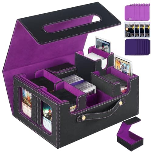 Image of CyperEver Trading Card Storage Box for MTG TCG, Card Storage Box with Commander Display, Multi-purpose MTG Deck Box for Graded Card Storage with 4 Toploaders, 8 Stoppers, 8 Dividers (Black & Purple)
