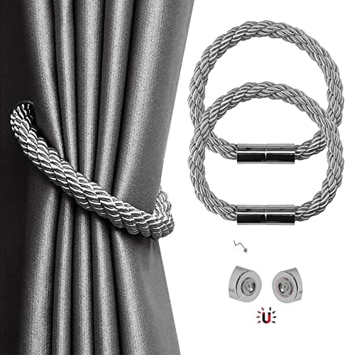 Image of Modern Simplicity Curtain Tie Backs - 2 Pack Strong Magnet Holdbacks, 22 Inch Braided Rope, Grey