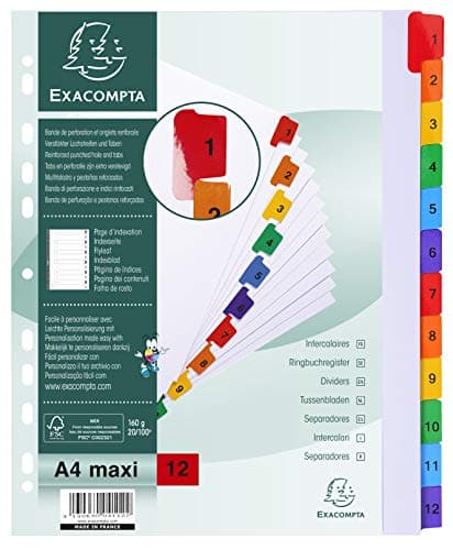 Image of Exacompta - Ref 4112E - Mylar Printed Indices - For Use With A4+ Documents, Pre-Punched, 160gsm White Card with Reinforced Plastic Tabs, FSC-Certified - 12-Part Dividers (1-12)