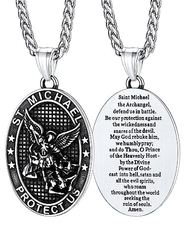 Image of FaithHeart Saint Michael Archangel Necklace, Patron Saints of Policeman Firemen Talisman Jewelry, Stainless Steel Lucky Charm for Family Friends Partners