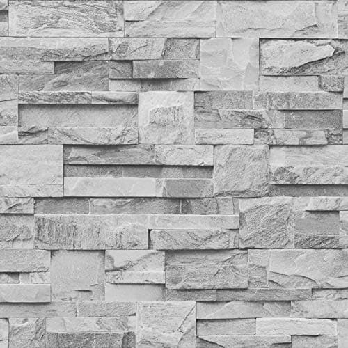 Image of Muriva Grey Realistic Stone Brick Wall Effect Textured Vinyl Wallpaper - Tiles Effect - Suitable for Kitchen, Bedroom, Living Room, Hallway, Any Feature Wall