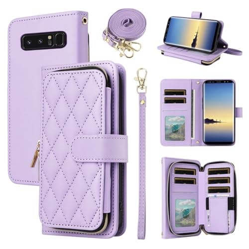 Image of ELISORLI Wallet Case for Samsung Galaxy Note 8 with Wrist Strap Crossbody Shoulder Strap 9+ Card Slots Zipper Purse, Luxury PU Leather Stand Cell Phone Cover for Note8 Not S8 Gaxaly Girls Purple