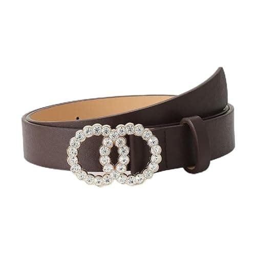 Image of JILLICK Women’s Dark Brown Double Loop Belt with Sparkling Crystal Buckle - Adjustable Faux Leather Waist Belt for Jeans Trousers Skirts and Dresses Fashion Accessory for Casual and Work Wear