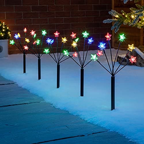 Image of Christow Star Branch Path Lights, Outdoor Christmas Stake Pathway Decorations, Multi Coloured LED, Battery Operated with Timer (Set of 5 x 45cm)