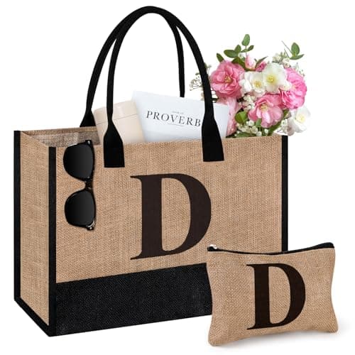 Image of Tecanne Initial Jute Tote Bag & Makeup Bag, Birthday Gifts for Women Her Mum Teacher, Suitable for Wedding, Beach, Holiday (D)