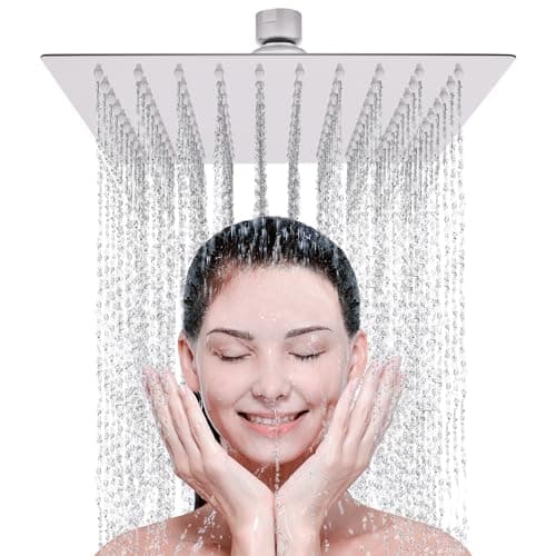Image of LIVOREST Square Rainfall Shower Head - 10 inch Large, Overhead Fixed Rain Showerhead with Angle Adjustment - Stainless Steel 304 with Chrome Finish - Standard Fitting, Easy Replacement