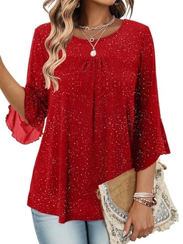 Image of KISSMODA Women's Ruffle 3/4 Sleeve Blouses Double Layers Mesh Tunic Tops Crew Neck Dressy Elegant Pleated Front Shirts for Ladies B Red