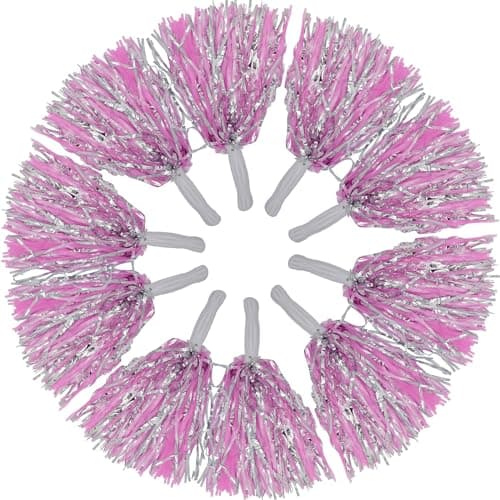 Image of 10Pcs-Pink and Silver Cheerleading Pom Poms, 35cm Noise-Making Cheerleading Pom Poms, Party Props for Kids and Adults