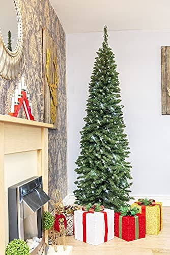 Image of 7Ft/2.1m Pre-Lit Artificial Slim Christmas Tree Green Pencil Tree, Pointed Tips, Metal Stand Cool White LEDs Lights Holiday Home Decorations