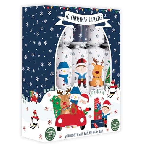 Image of Harvey & Mason Set Of 10 Christmas Crackers Santa And Reindeer White And Blue Festive Table Decor Xmas Family Fun