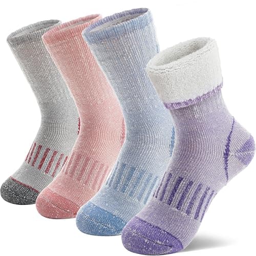 Image of MOSEY KOSY 4 Pairs Kids Merino Wool Walking Hiking Socks Boys Girls Toddlers Thermal Winter Warm Boot Thick Cushion Snowboarding Socks(Purple/Pink,8-12 Years)