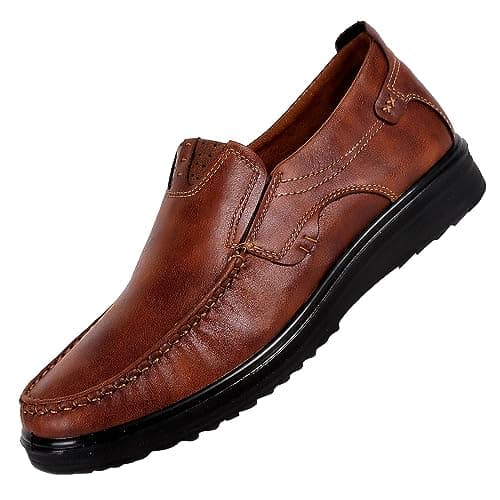 Image of Men's Casual Leather Loafer Shoes Outdoor Non Slip Laceless Shoes Rubber Sole Slip on Walking Sneakers Lightweight Breathable Comfortable Business Dress Loafers Brown