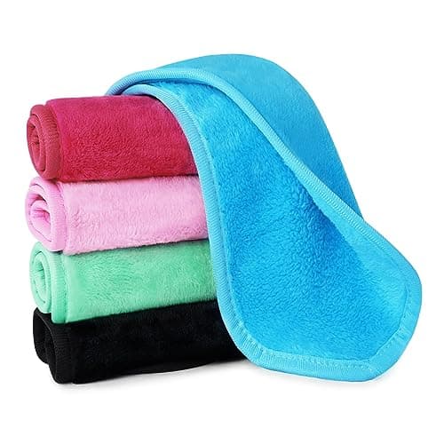 Image of URAQT 5 Pack Face Cloths Make Up Remover Microfibre Face Wipes for Reusable Makeup Remover Cloth Washable Ultra Soft Facial Cleansing Wipe Cloths (Blue/Rose/Red Black/Pink/Green)