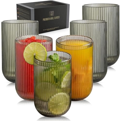 Image of TKNO 6X 410ml Ribbed Highball Glasses Tall Hi Ball Glass Water Gin Juice Cocktail Drinking Glassware Origami Style Fluted Ripple Beverage Tumblers Set, Ideal for Home, Restaurant, Events & Parties